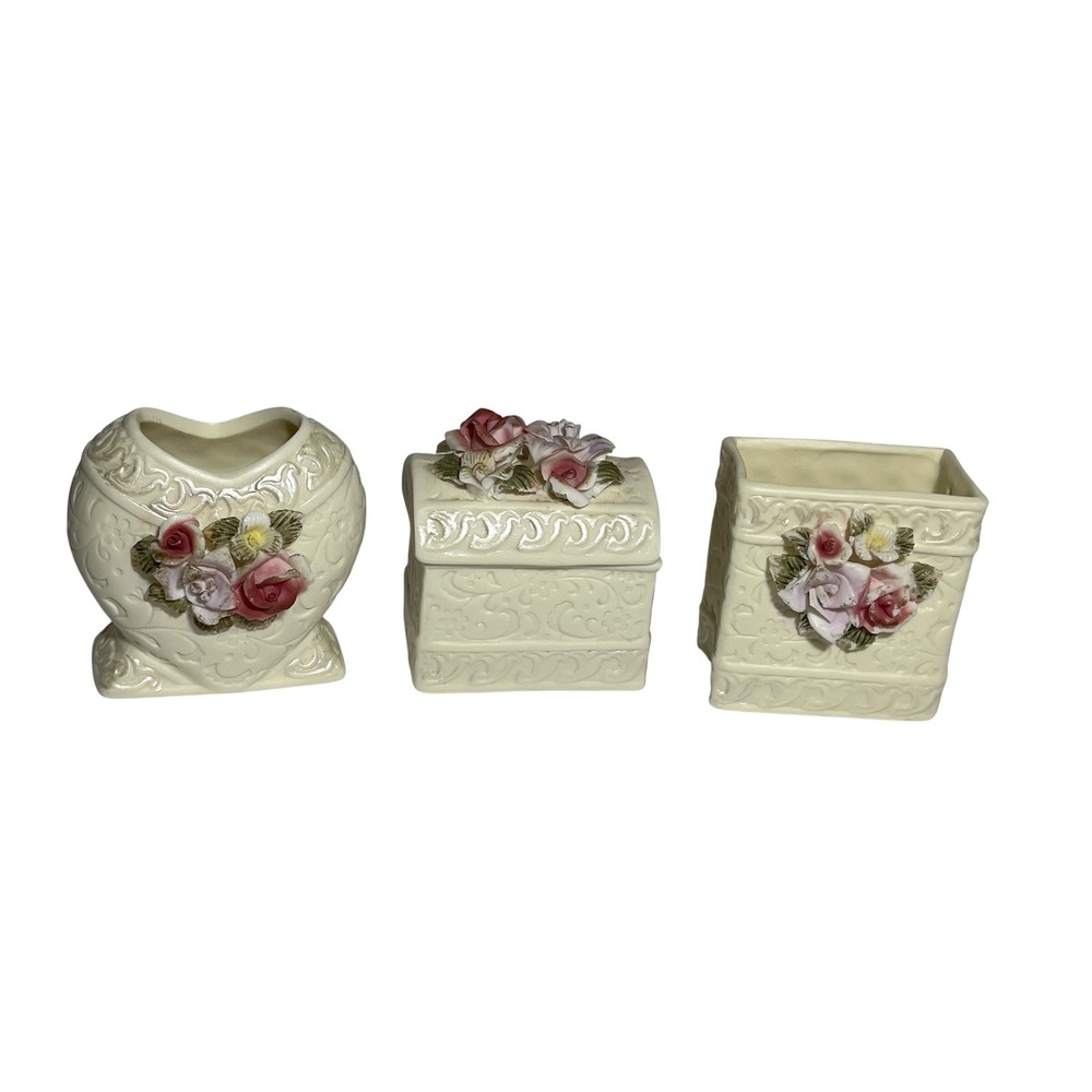 Vintage 90s Ceramic Vanity Set Cottagecore Heart Vase Trinket Box Brush Holder